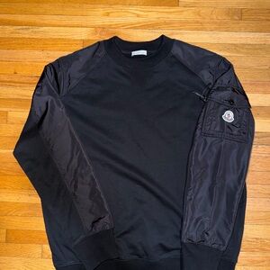 Moncler Black Crewneck Sweatshirt with Nylon Sleeve Panels